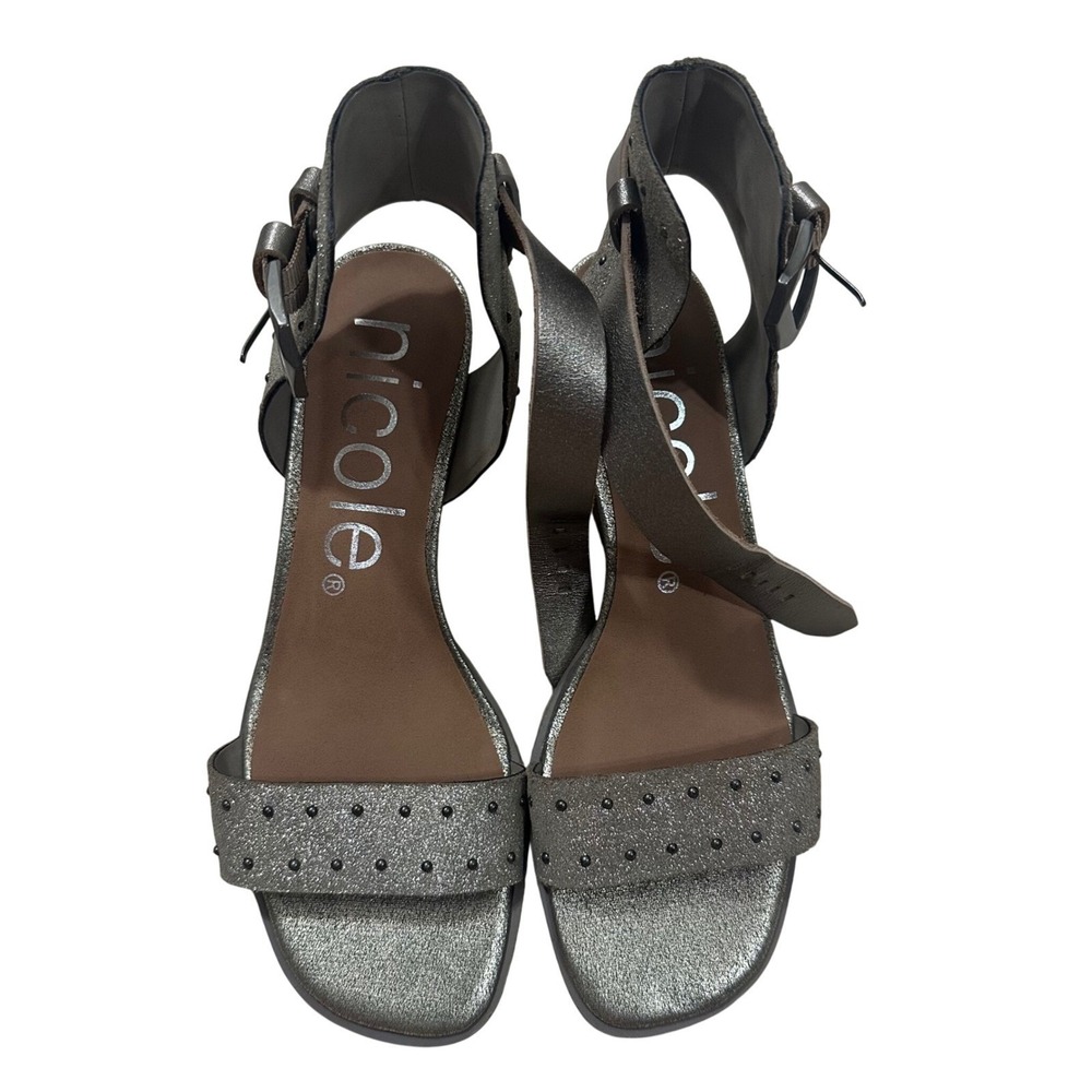 Nicole‎ Amabel Womens 6.5M Pewter Metallic Leather Studded Block Heel Sandals